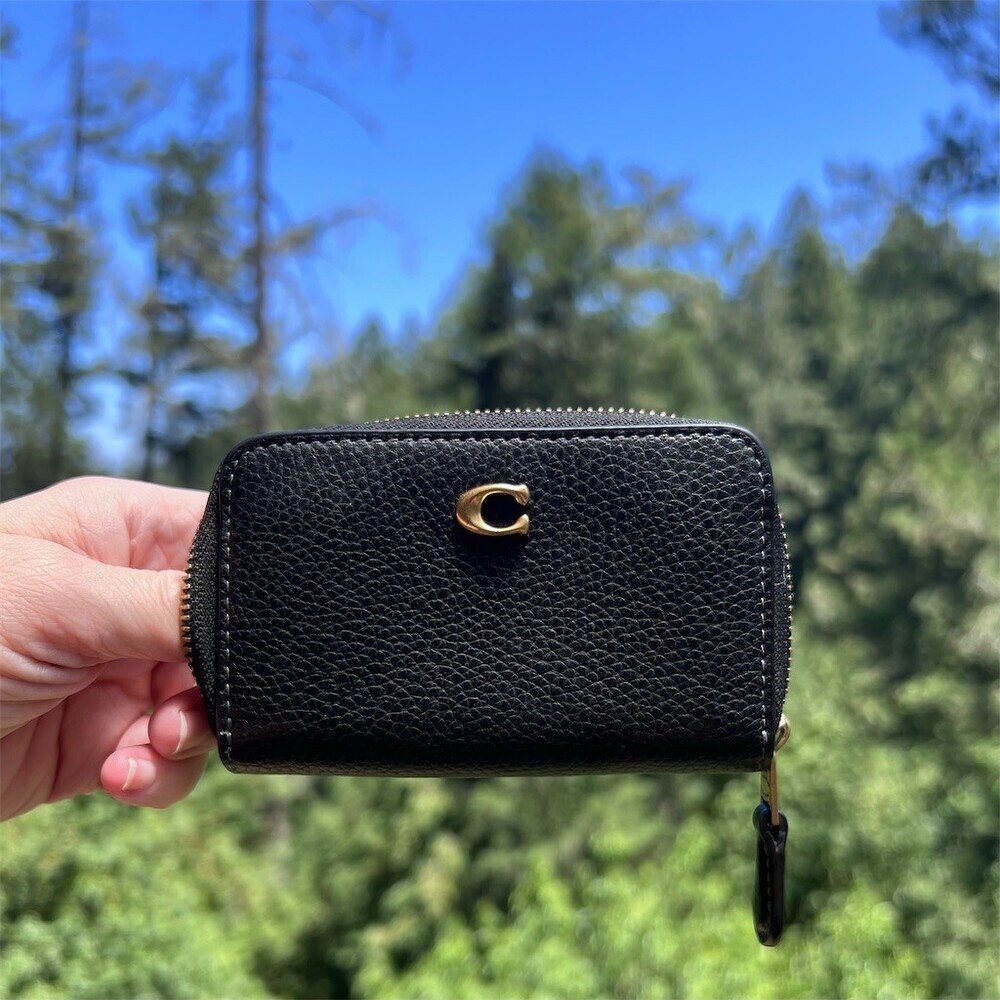 COACH  Small Essential Black Accordion Zip-Around Card Case Wallet Gold Hardware